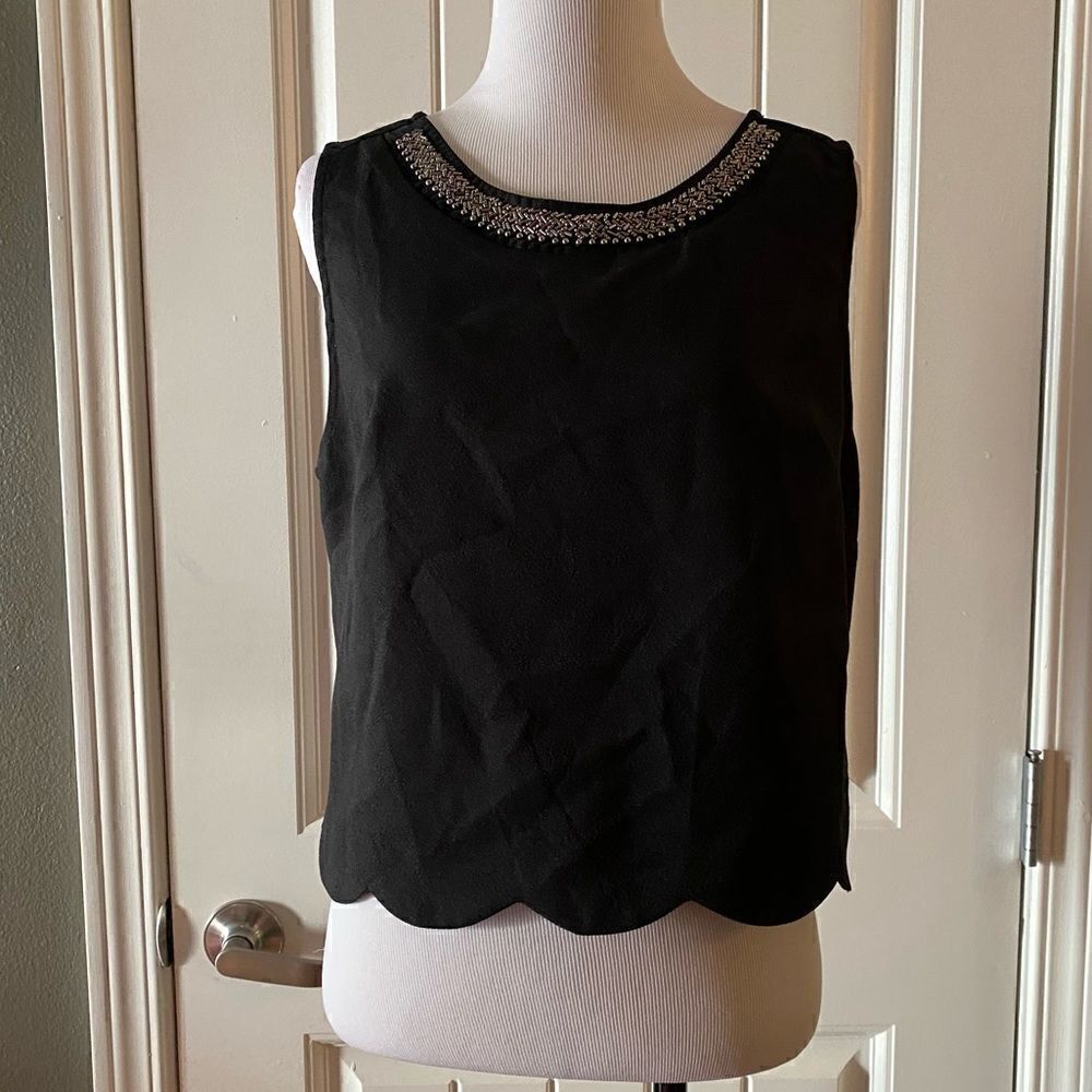 Lush Black Sleeveless Crop Top Beaded Neckline Scalloped Hemline